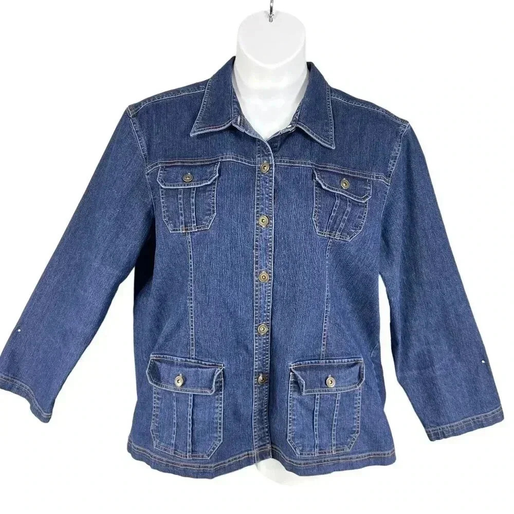 Vintage Erika Womens XL Stretch Fit Denim Jean Jacket Coat  Button Up 4 Pocket